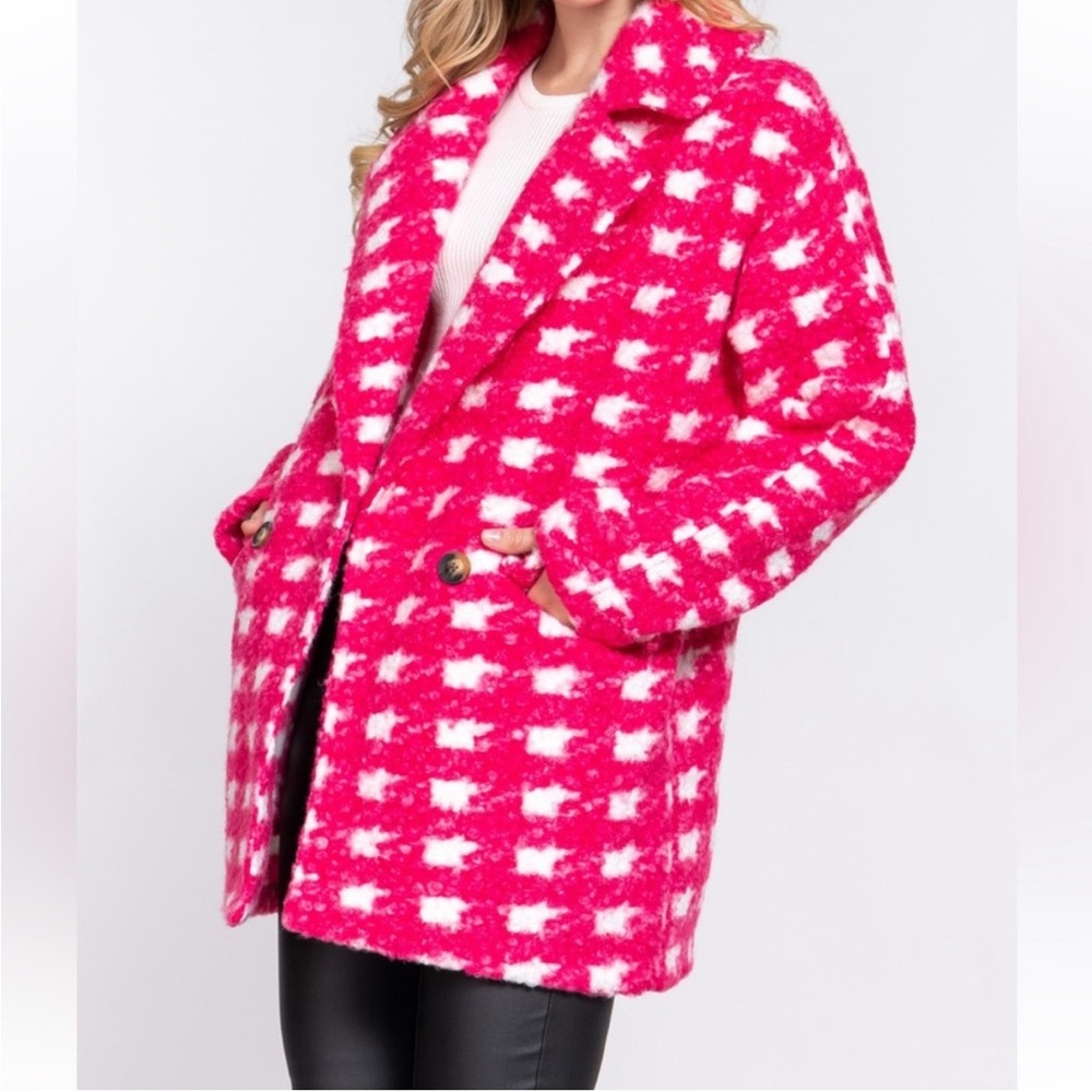 DOUBLE BREASTED CHECK PRINT BOUCLE FLEECE COAT- NEW ! - Picture 4 of 6